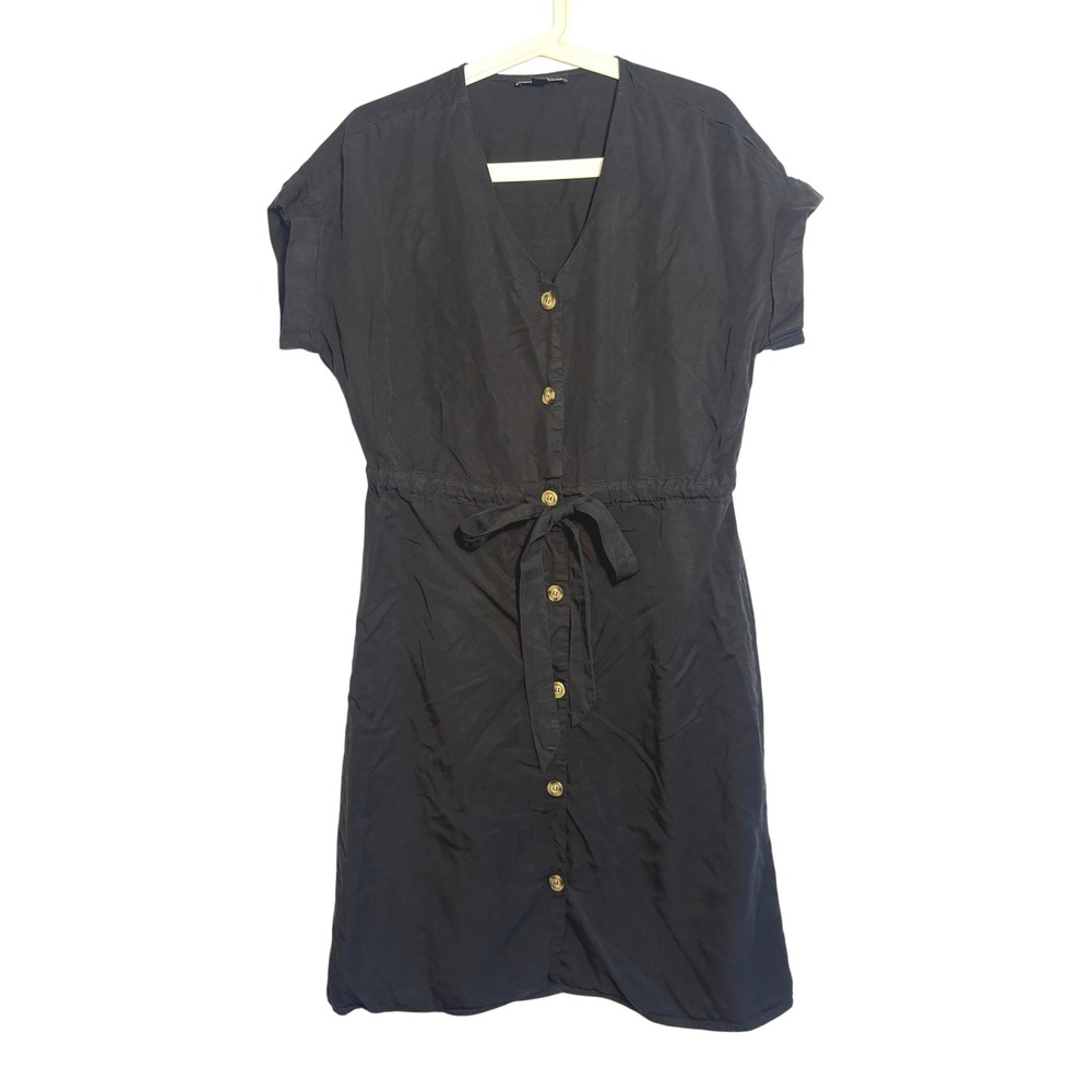 Saks‎ Fifth Avenue Black Lyocell Button Front Drawstring Waist Dress Small